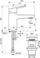 Waschtischarmatur in Chrom von Ideal Standard mit einem Push-Open-Ablaufventil, abgebildet in technischen Zeichnungen mit Maßen und Anschlussdetails.